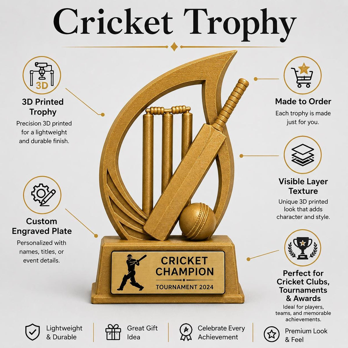 Trofeo Personalizzato in Stampa 3D, Premio cricket con Targhetta Oro, Riconoscimento Moderno cricket championship