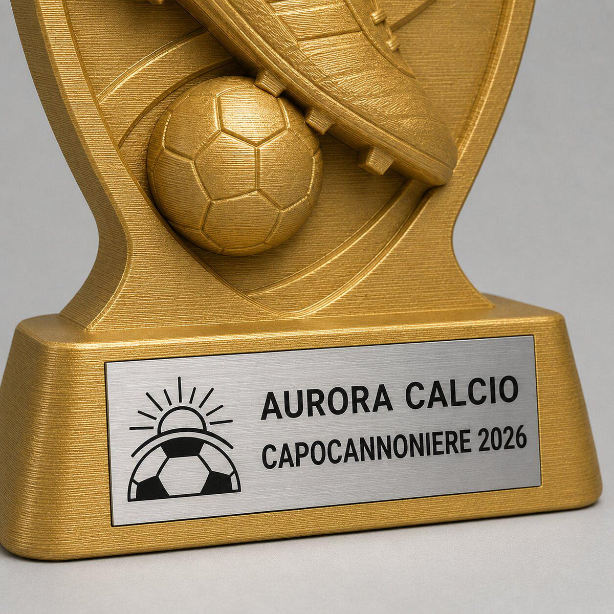 Trofeo calcio capocannoniere personalizzato con logo, premio in stampa 3D con targhetta acciaio incisa