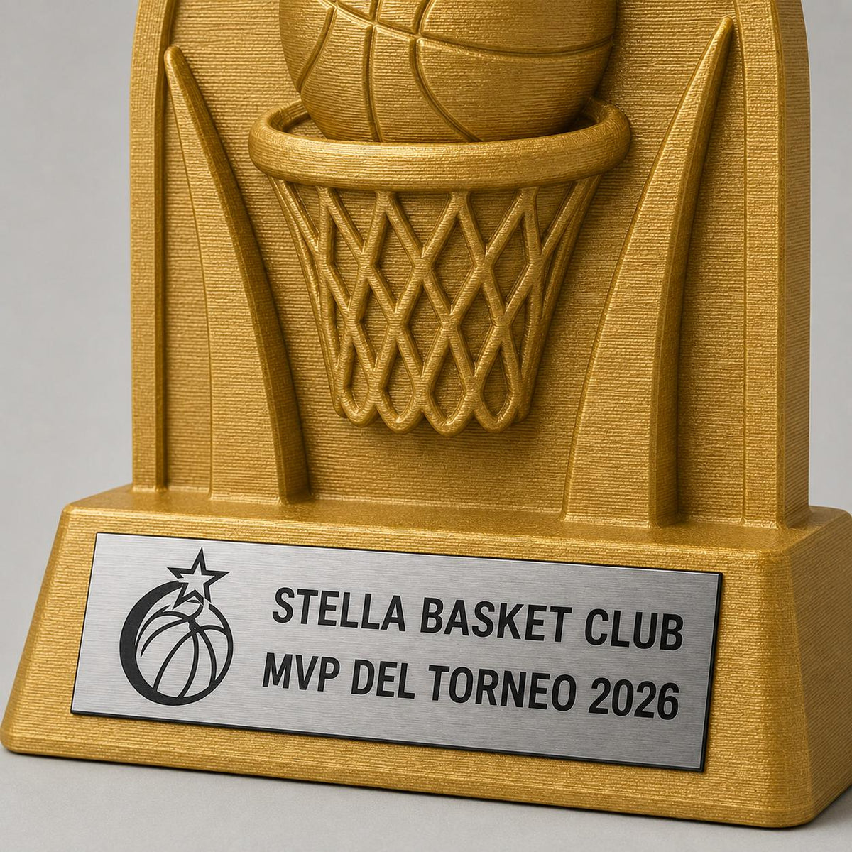 Trofeo basket MVP personalizzato con logo, premio pallacanestro in stampa 3D con targhetta acciaio incisa