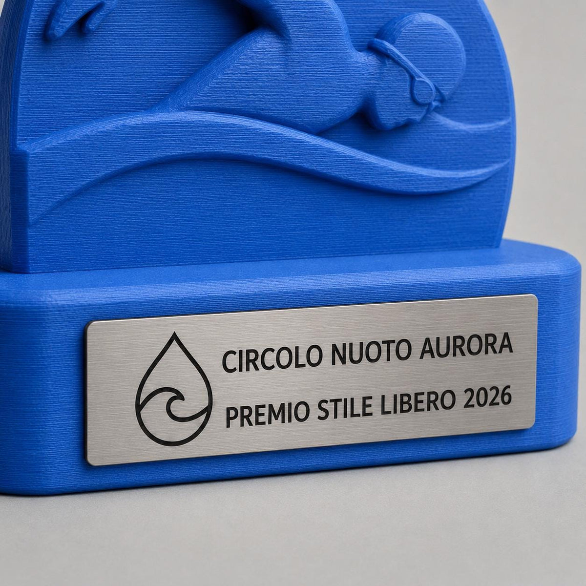 Trofeo Nuoto Personalizzato con Logo, Premio Gara di Nuoto in Stampa 3D con Targhetta Acciaio