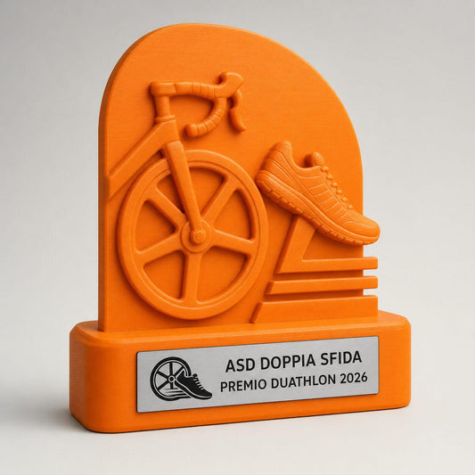 Trofeo Duathlon Personalizzato con Logo, Premio Ciclismo e Corsa 3D con Targhetta Acciaio