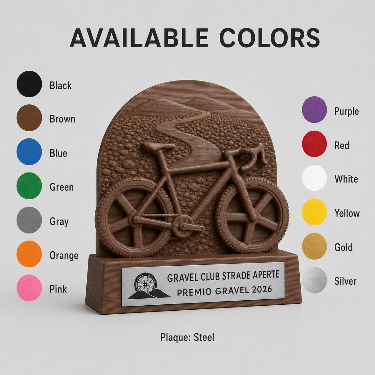 Trofeo Gravel Bike Personalizzato, Premio Ciclismo e Gara Sterrata 3D con Logo e Targhetta Acciaio