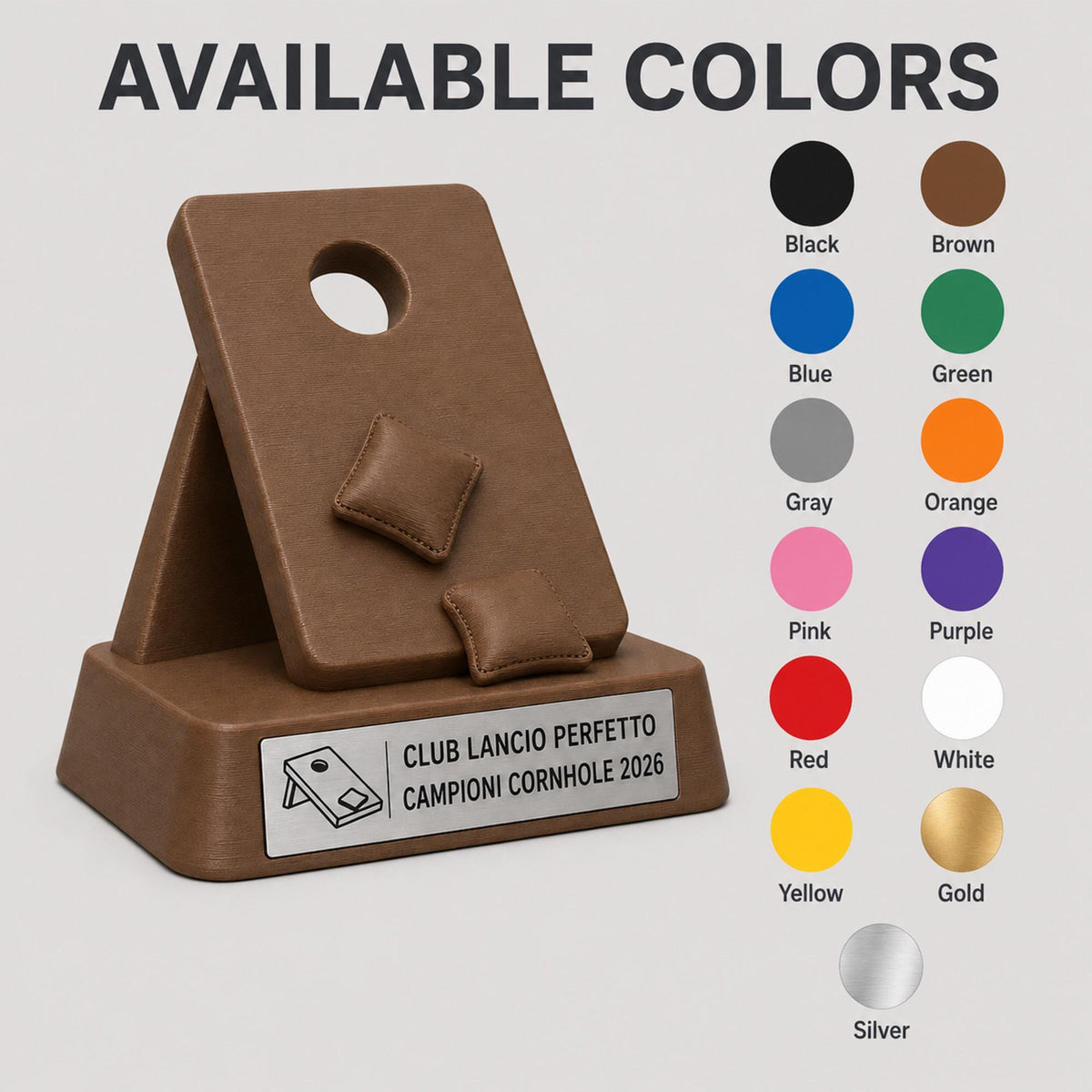 Trofeo Cornhole 3D Personalizzato, Premio Torneo Lancio Sacchetti con Logo e Targhetta Acciaio