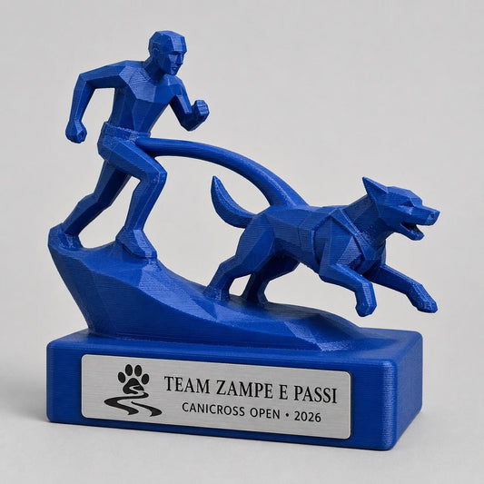 Trofeo Canicross 3D Personalizzato, Premio Gara Runner e Cane con Logo e Targhetta Acciaio