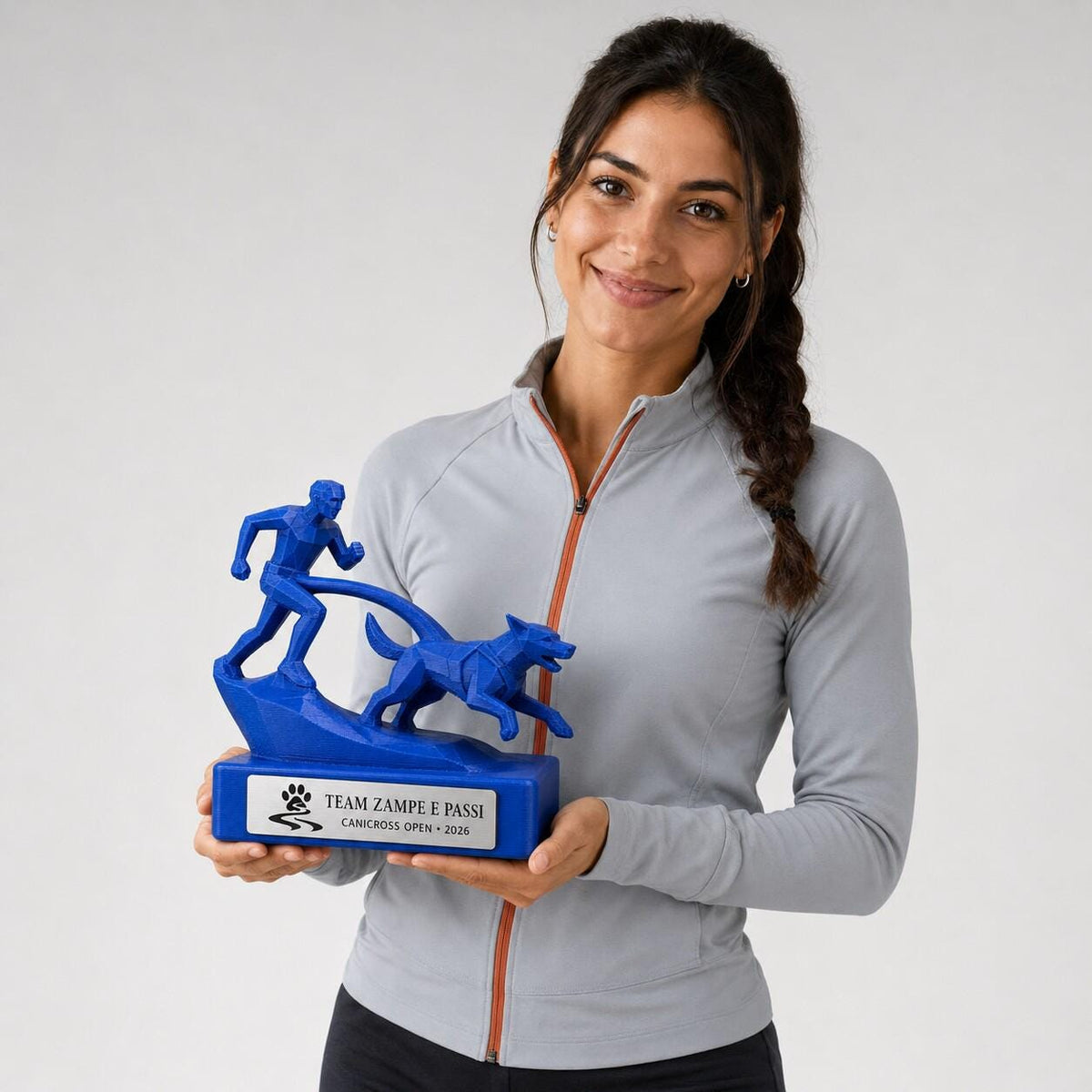 Trofeo Canicross 3D Personalizzato, Premio Gara Runner e Cane con Logo e Targhetta Acciaio