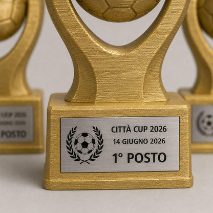 Set Podio Calcio Personalizzato, 3 6 o 10 Trofei con Logo e Targhetta Incisa per Tornei e Squadre