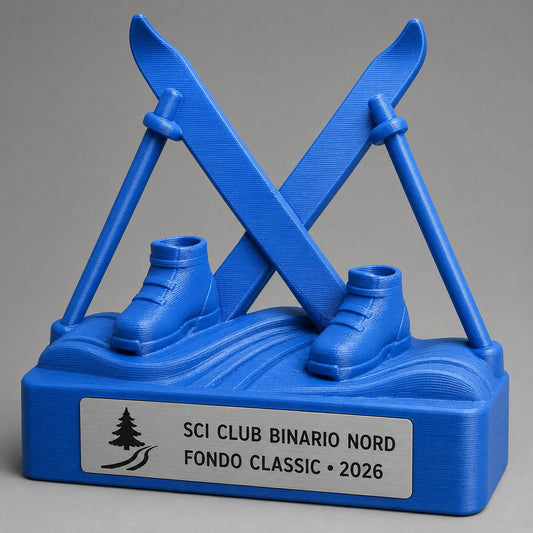 Trofeo Sci di Fondo 3D Personalizzato, Premio Sci Nordico con Logo e Targhetta Acciaio