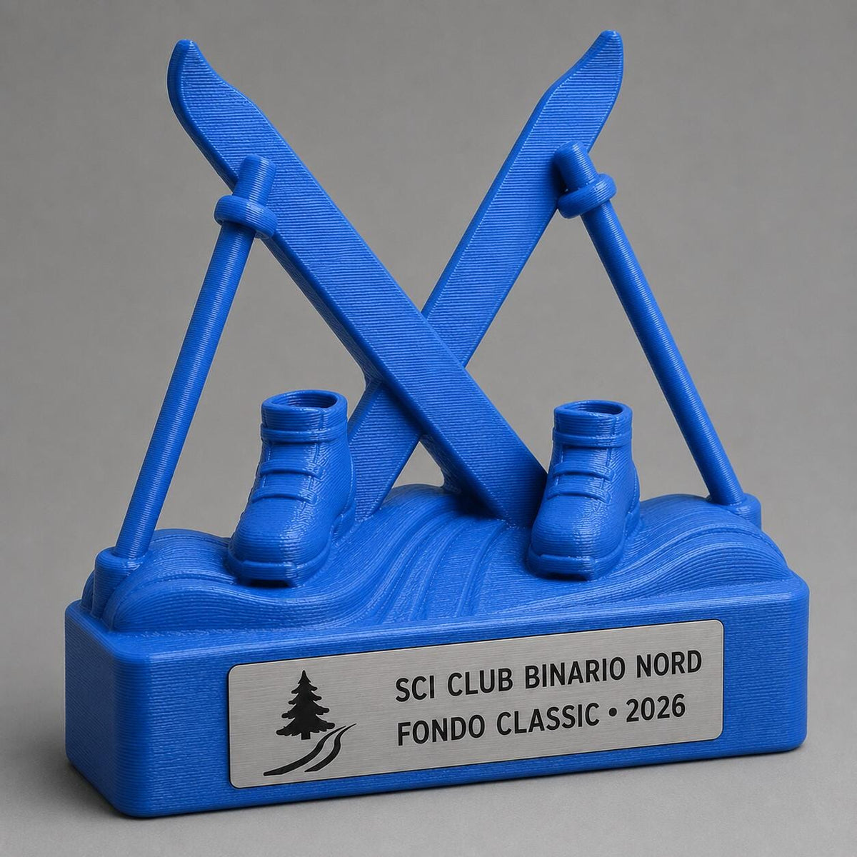 Trofeo Sci di Fondo 3D Personalizzato, Premio Sci Nordico con Logo e Targhetta Acciaio