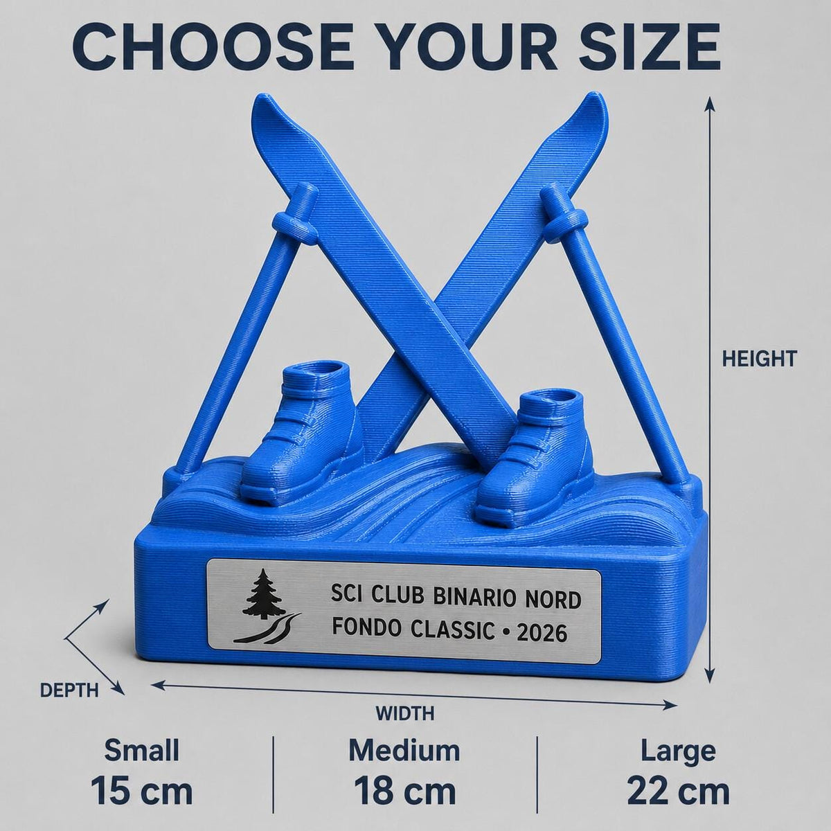 Trofeo Sci di Fondo 3D Personalizzato, Premio Sci Nordico con Logo e Targhetta Acciaio
