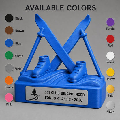 Trofeo Sci di Fondo 3D Personalizzato, Premio Sci Nordico con Logo e Targhetta Acciaio