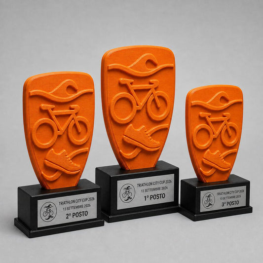Set Podio Triathlon Personalizzato, 3 6 o 10 Trofei Swim Bike Run per Gare con Logo e Targhetta Incisa