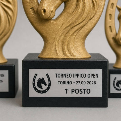 Set Podio Equitazione Personalizzato, 3 6 o 10 Trofei Ippici per Gare e Circoli con Logo e Targhetta Incisa