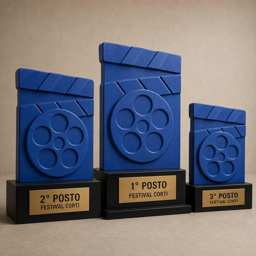 Set Podio Cinema e Cortometraggi Personalizzato, 3 6 o 10 Trofei per Festival, Scuole e Videomaker con Logo e Targhetta Incisa