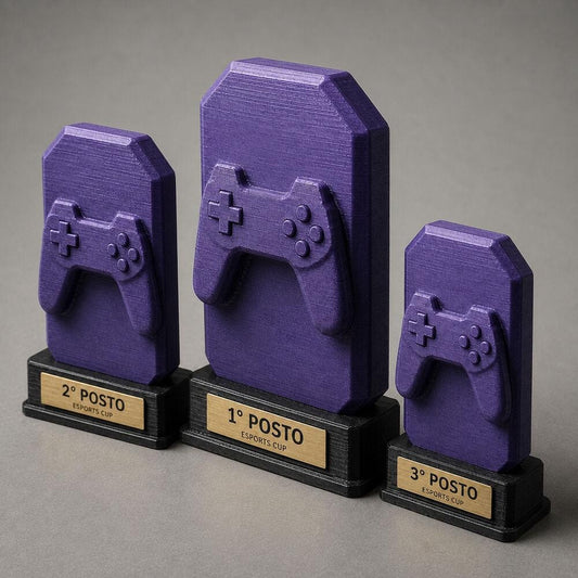 Set Podio eSports Gaming Personalizzato, 3 6 o 10 Trofei per Tornei, Scuole e Gamer con Logo e Targhetta Incisa