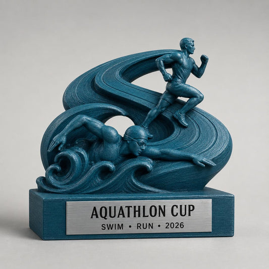 Trofeo Aquathlon Personalizzato, Premio Nuoto e Corsa per Gara e Club con Logo e Targhetta Effetto Acciaio