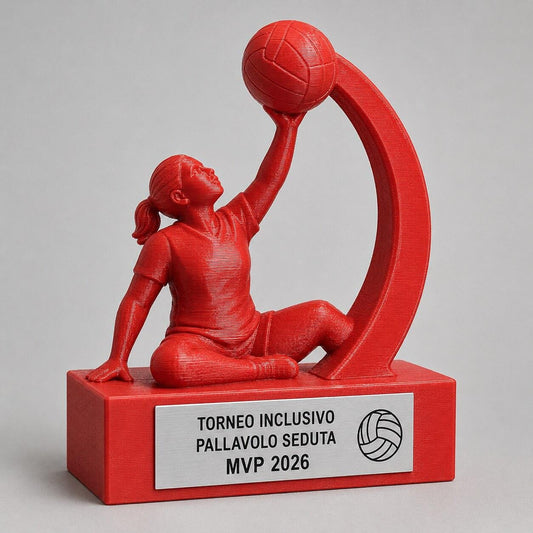 Trofeo Pallavolo Seduta Personalizzato, Premio Sitting Volleyball per Torneo Inclusivo con Logo e Targhetta Effetto Acciaio
