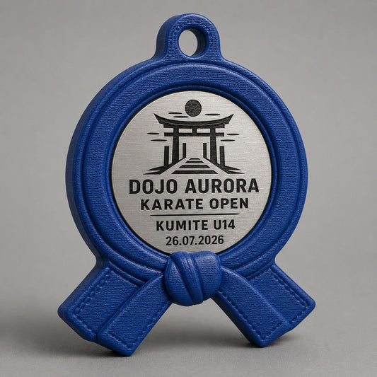 Set da 10 Medaglie Karate Personalizzate, Forma Cintura Annodata per Tornei e Palestre con Logo, Categoria e Data