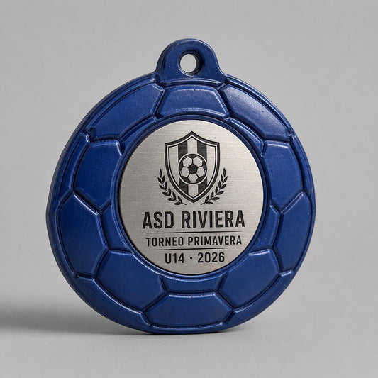 Set da 10 Medaglie Calcio Personalizzate, Forma Pallone per Tornei, Scuole Calcio e Club con Logo, Categoria e Data