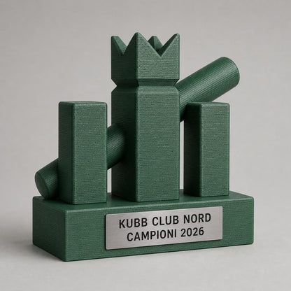 Trofeo Kubb Personalizzato con Re e Birilli, Premio Torneo per Club, Squadre ed Eventi con Logo e Targhetta