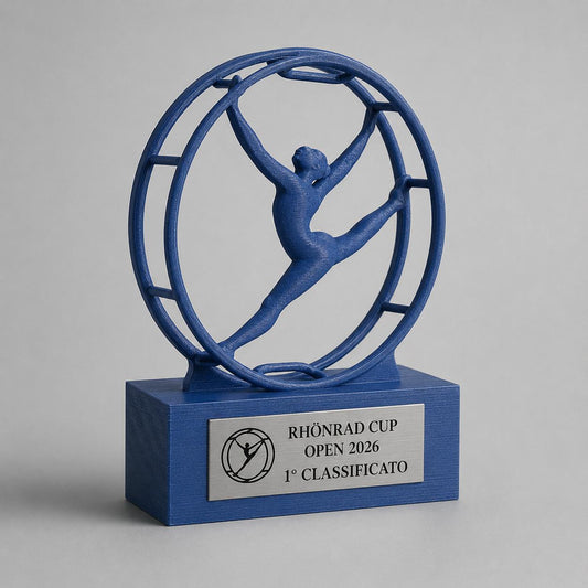 Trofeo Rhönrad Personalizzato con Ginnasta nella Ruota, Premio Gara per Club, Scuole e Categorie con Logo e Targhetta