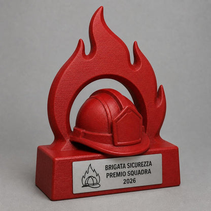 Trofeo Vigili del Fuoco Personalizzato con Casco e Fiamma, Premio Squadra per Gare, Reparti ed Eventi con Logo e Targhetta
