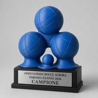 Trofeo Pétanque Personalizzato con Tre Bocce e Pallino, Premio Bocce per Tornei, Club e Categorie con Logo