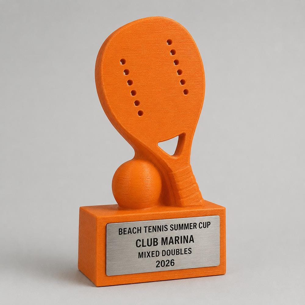 Trofeo Beach Tennis Personalizzato con Racchetta e Palla, Premio Torneo per Club, Spiaggia e Categorie