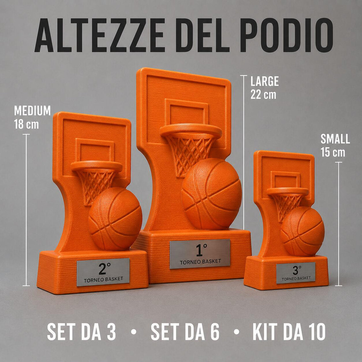 Set Trofei Basket Canestro e Tabellone Personalizzato, 3 6 o 10 Premi per Tornei, Club e Scuole con Logo