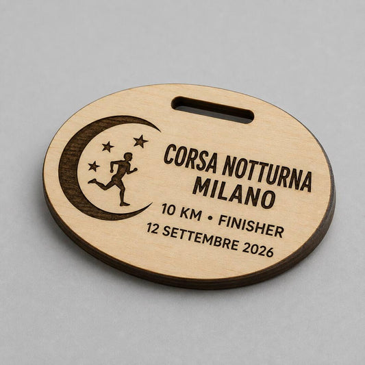 Set Medaglie Finisher Ovali in Legno Personalizzate, Corsa Notturna Milano, Pioppo 4 mm per Gare 10 KM