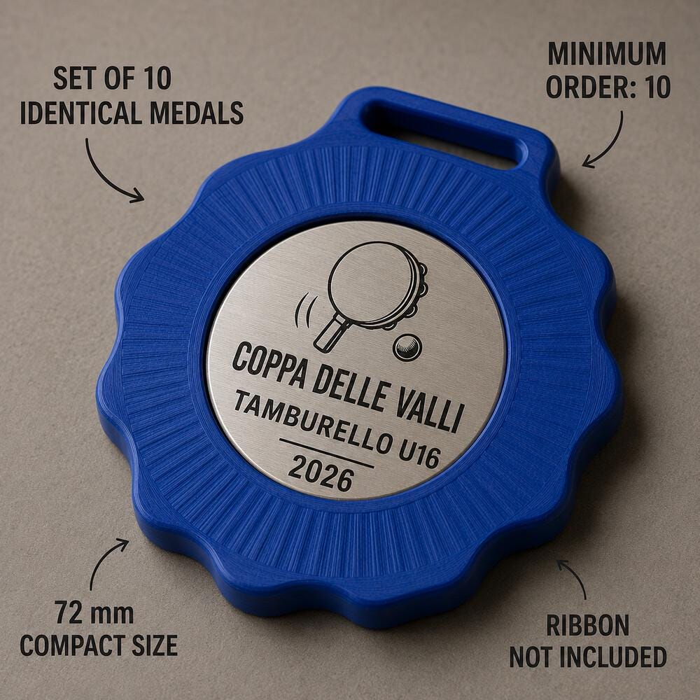 Set da 10 Medaglie Tamburello Personalizzate con Inserto Effetto Metallico per Tornei, Club e Scuole