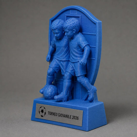 Trofeo Calcio Giovanile Personalizzato, Due Giovani Calciatori in Squadra, Premio 3D per Tornei, Club e Scuole con Logo