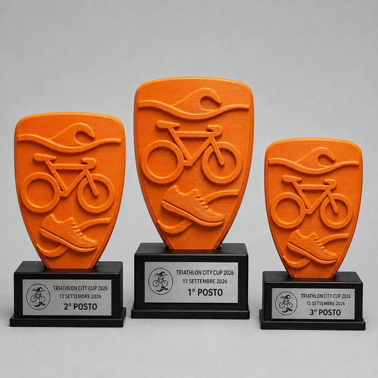 Set Podio Triathlon Personalizzato, 3 6 o 10 Trofei Swim Bike Run per Gare con Logo e Targhetta Incisa