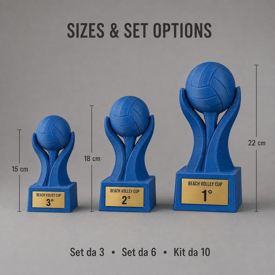 Set Podio Beach Volley Personalizzato, 3 6 o 10 Trofei per Tornei, Club, Scuole e Squadre con Logo