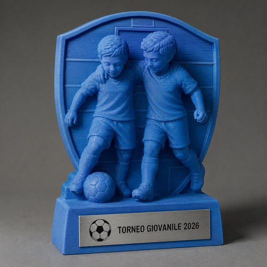 Trofeo Calcio Giovanile Personalizzato, Due Giovani Calciatori in Squadra, Premio 3D per Tornei, Club e Scuole con Logo