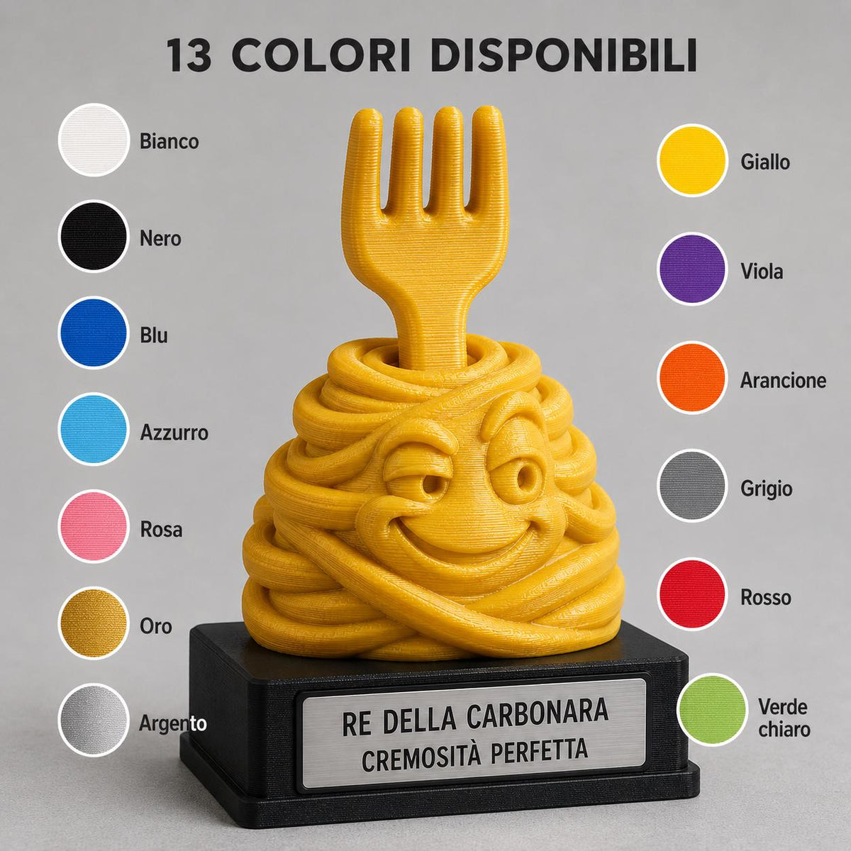 Trofeo Re della Carbonara Personalizzato, Premio Divertente per Cuoco Amico o Famiglia, Statuetta Pasta 3D, 15 18 o 22 cm