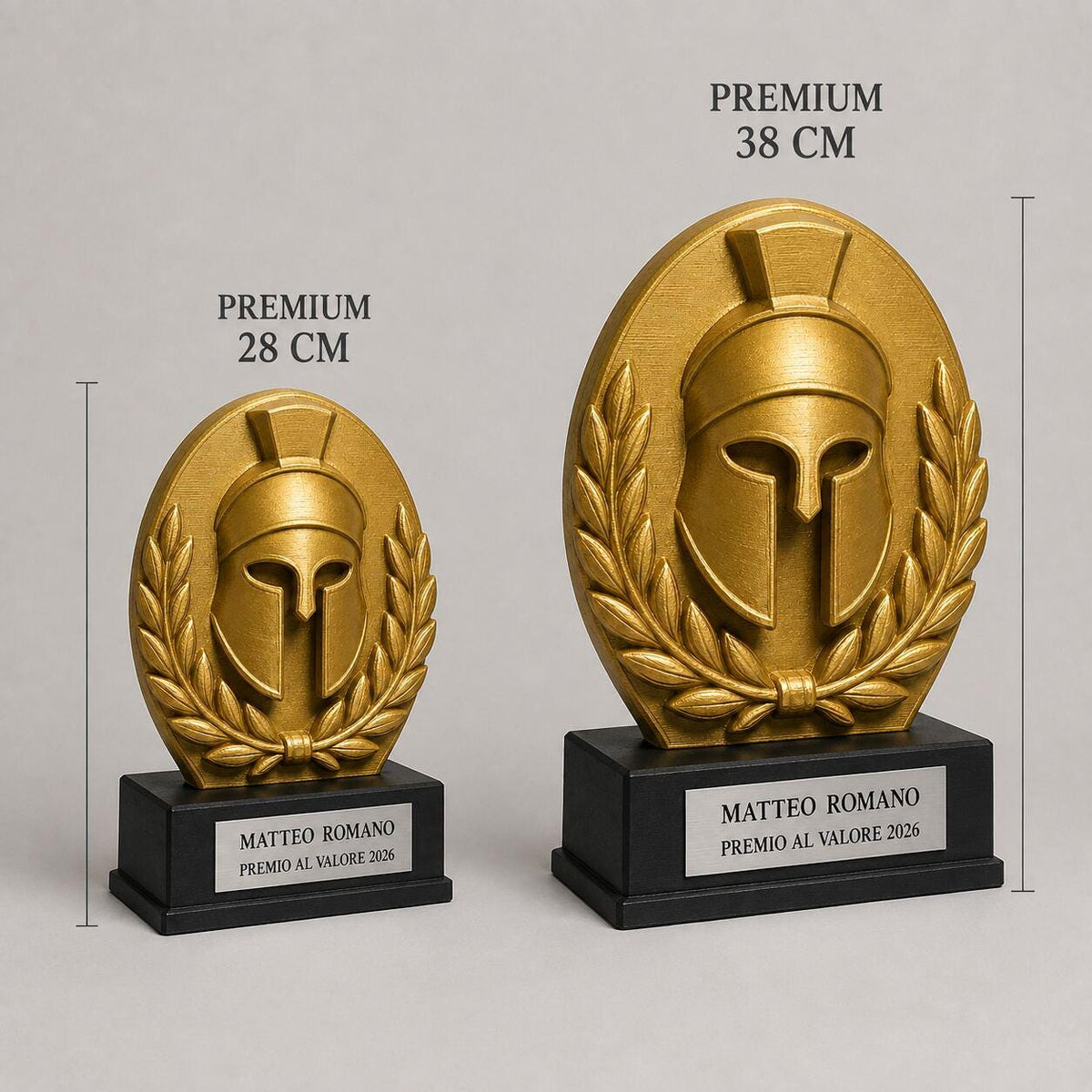 Trofeo Premium Elmo del Vincitore Personalizzato – Premio Valore e Trionfo, 28 o 38 cm, Stampa 3D PLA