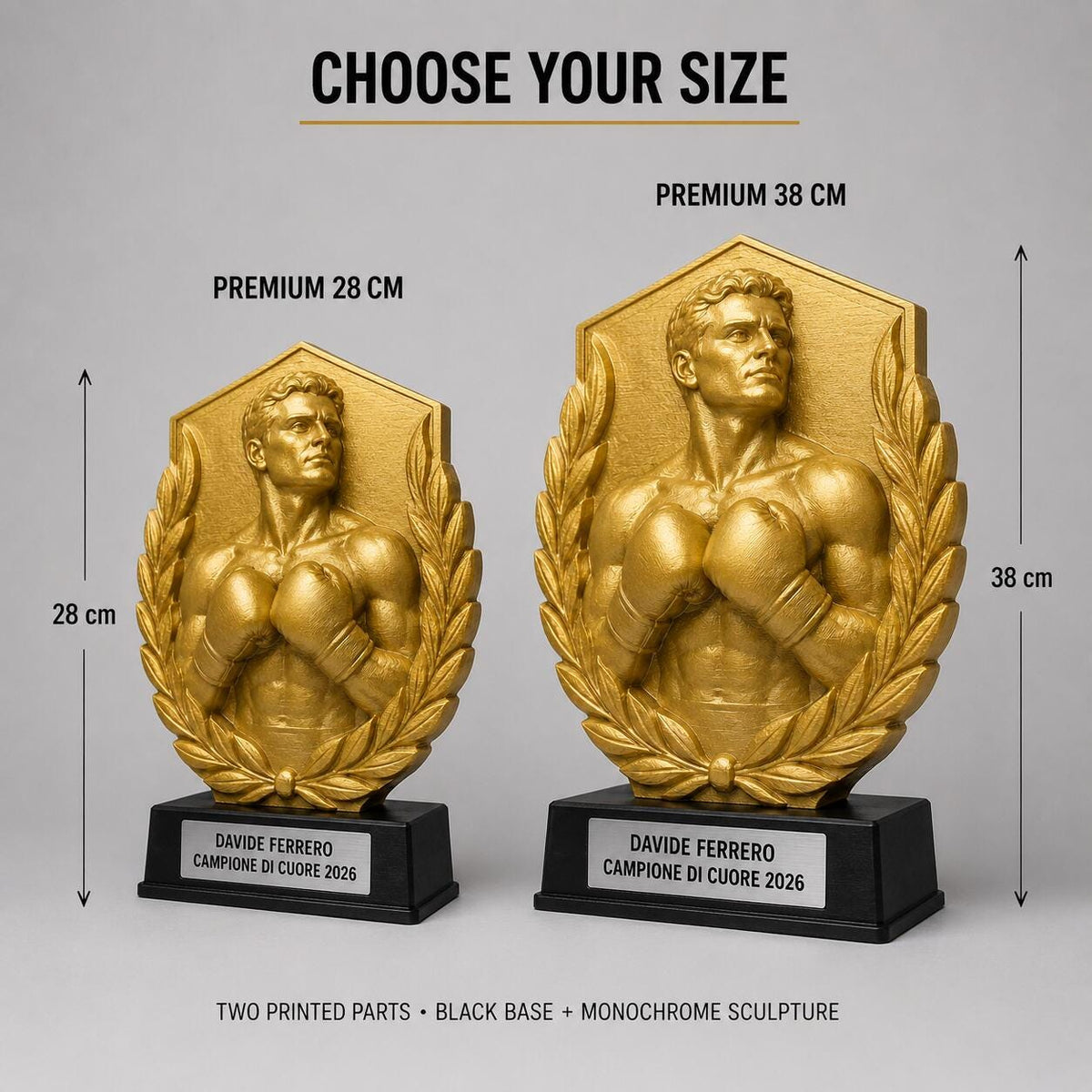 Trofeo Premium Pugile del Trionfo Personalizzato – Premio Boxe e Vittoria, 28 o 38 cm, Stampa 3D PLA