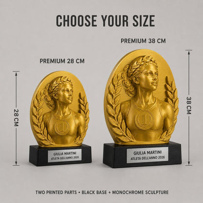 Trofeo Premium Campionessa d'Alloro Personalizzato – Premio Vittoria Femminile, 28 o 38 cm, Stampa 3D PLA
