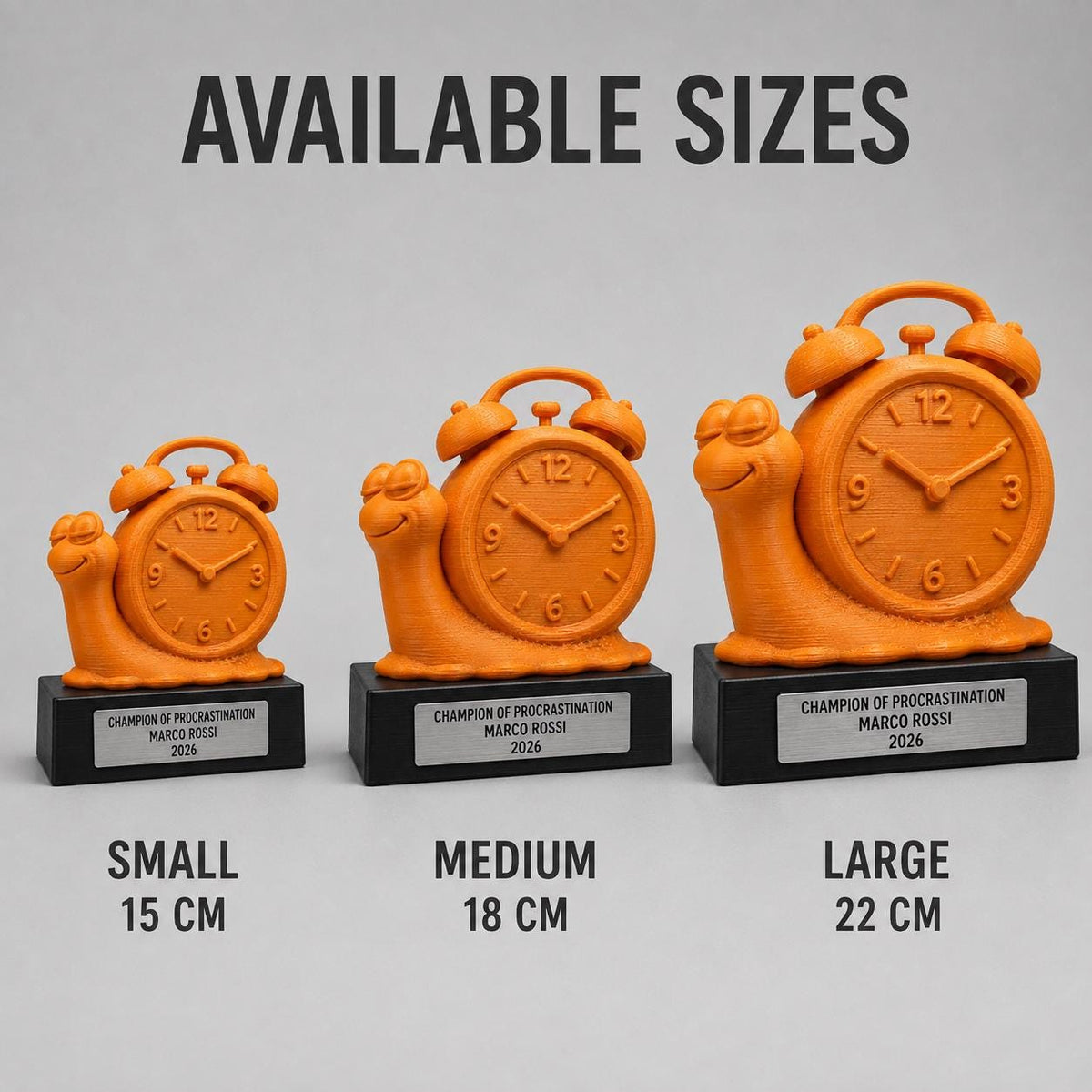 Trofeo Campione di Procrastinazione Personalizzato, Lumaca con Sveglia, Regalo Divertente per Collega, Amico o Ufficio
