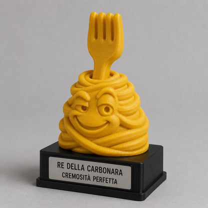 Trofeo Re della Carbonara Personalizzato, Premio Divertente per Cuoco Amico o Famiglia, Statuetta Pasta 3D, 15 18 o 22 cm