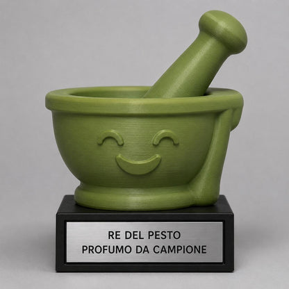 Trofeo Re del Pesto Personalizzato, Mortaio Cartoon 3D, Regalo Divertente per Cuoco Amico o Famiglia, 15 18 o 22 cm