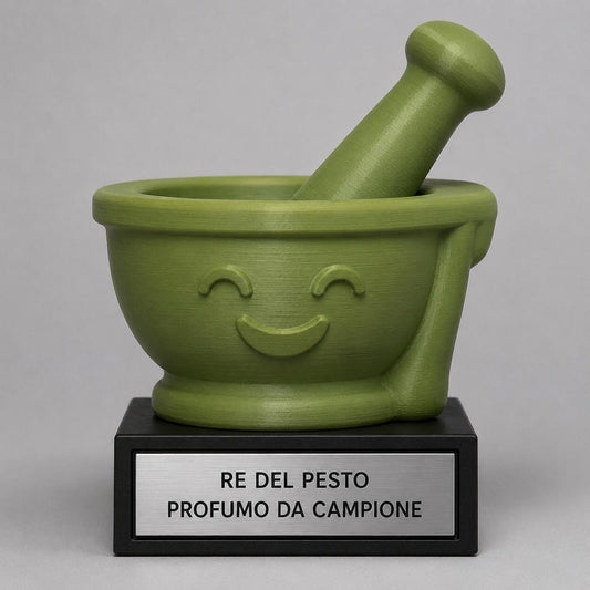 Trofeo Re del Pesto Personalizzato, Mortaio Cartoon 3D, Regalo Divertente per Cuoco Amico o Famiglia, 15 18 o 22 cm