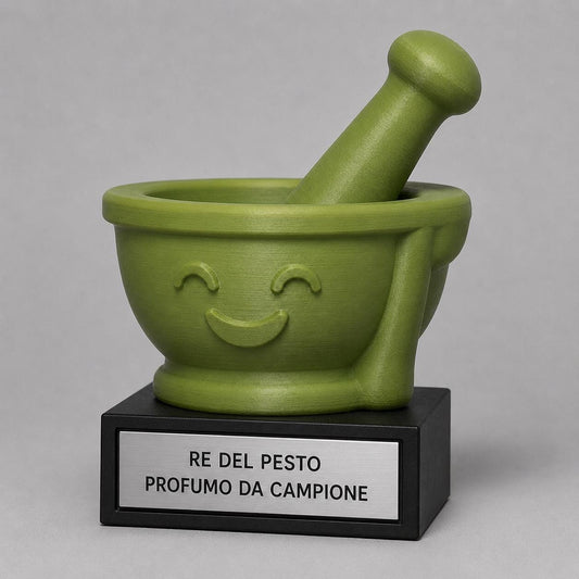 Trofeo Re del Pesto Personalizzato, Mortaio Cartoon 3D, Regalo Divertente per Cuoco Amico o Famiglia, 15 18 o 22 cm
