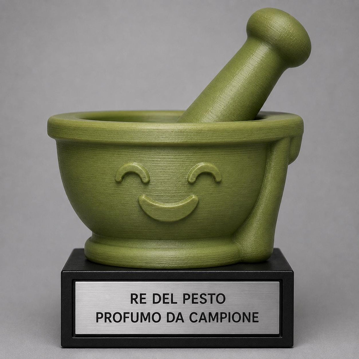 Trofeo Re del Pesto Personalizzato, Mortaio Cartoon 3D, Regalo Divertente per Cuoco Amico o Famiglia, 15 18 o 22 cm