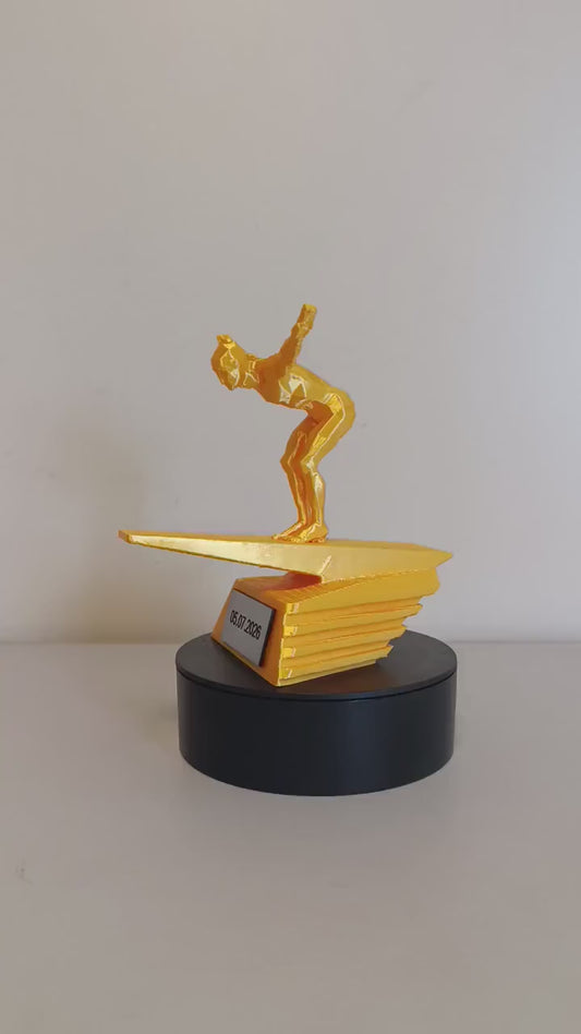 Trofeo Tuffi e Salto dal Trampolino Stampa 3D, Premio Nuoto e Tuffatori in Stile Geometrico Low-Poly, Targa Acciaio Incisa a Laser